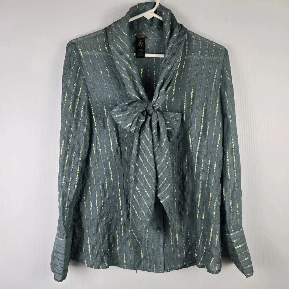 Chico's Black Label Silk Blend Metallic Blouse Blueish Grey Color Chico's Size 0 - Picture 4 of 13